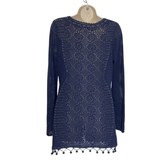 LILLY PULITZER Athena Tunic Size M Navy Crochet Long Sleeve Sheer Resort Beach - Picture 6 of 11
